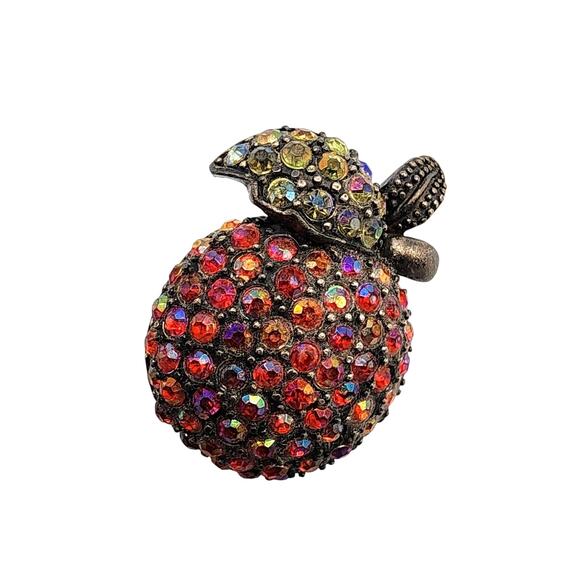 Laila Rowe Apple Brooch Aurora Borealis Crystal Pavé Red Fruit Pin 1" - Picture 1 of 5